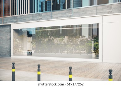 Side view of empty glass shopfront in daylight. Advertisement concept. Mock up, 3D Rendering