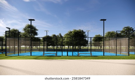 Side view of empty padel paddle tennis blue color court with floodlight and glass structure 