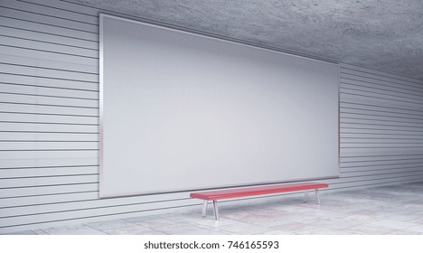 Side View Of Empty Poster Inside Metro Or Subway Station With Seat. Advertising, Ad, Retail Concept. Mock Up, 3D Rendering 