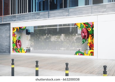 Side view of empty showcase with bright colorful pattern. Advertisement concept. Mock up, 3D Rendering