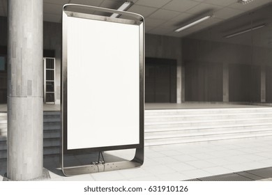 Side View Of Empty White Ad Billboard. Concrete Stairs And Building In The Background. Advertisement Concept. Mock Up, 3D Rendering