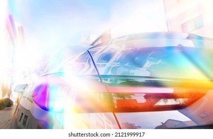 Side view of of fast car in multiple colors of metaverse conceptual reality imagination virtual and real world - cybersapce hypothesized iteration of the internet, supporting persistent online 3-D