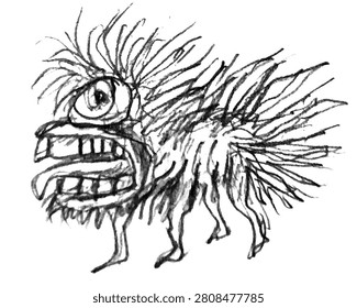 Side view full body portrait of alien monster animal black and white hand drawn illustration