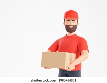 Side view at happy cartoon beard courier man in red t-shirt and cap holding cardboard box over white background with copy space. 3d render illustration.