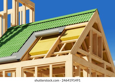 Side view of house construction with shingle roof installation process, sky background. Concept of renovation, insulation and refurnishing. 3D rendering illustration