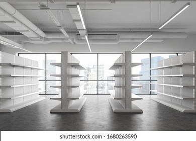 Side view of industrial style supermarket or warehouse with white empty shelves, concrete floor and panoramic windows. Concept of consumerism and storage. 3d rendering