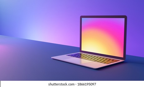 Side view of laptop computer place on purple lighting background. 3D illustration image.