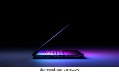 Side view of laptop PC with color light on dark background. Technology Gaming concept.3D Illustration Rendering