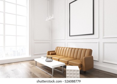 Side View Of A Living Room Interior With White Walls, Large Brown Sofa, A Coffee Table With A Jar And A White Set Of Drawers. 3d Rendering. Mock Up