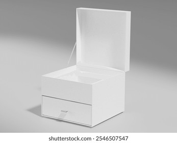 Side view of Luxury jewelry box mockup, 2 layer drawer box, empty design box for premium product, premium gift box container with drawer storage, high-end packaging with pull-open drawer ribbon