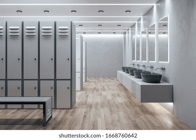 Side view of luxury locker room interior. School and sports concept. 3D Rendering
