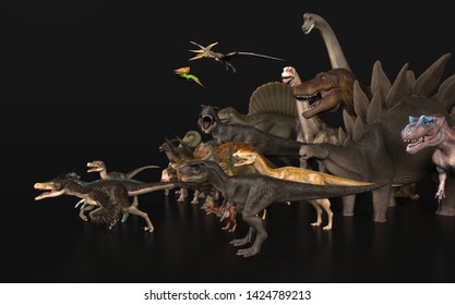Side view of many dinosaurs lined up 3d render
