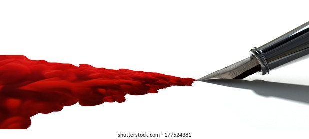 A Side View Of The Metal Nib Of An Old Fountain Pen Jetting Out A Stream Of Thick Red Ink On An Isolated White Background