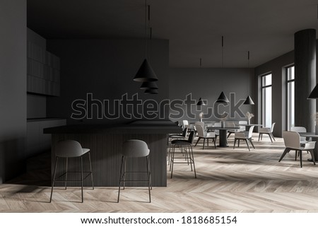 Side view of modern bar with dark gray walls, wooden floor, round tables with white chairs and bar counter. 3d rendering