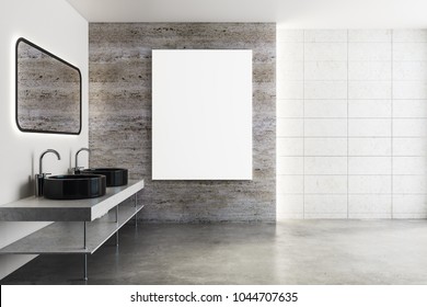 Side view of modern bathroom interioir with sinks, mirror with reflection and empty poster on wall. Mock up, 3D Rendering 