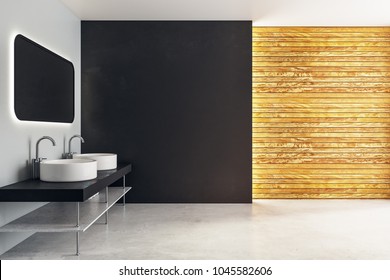 Side view of modern bathroom interioir with sinks, mirror with reflection and copy space on wall. Mock up, 3D Rendering 