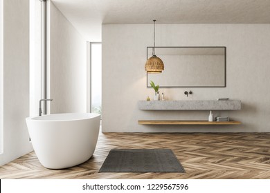 Seitliche Sicht auf das moderne Badezimmer mit weißen Wänden, Holzboden, Fensterfronten, weißer Badewanne und Doppelwaschbecken aus Marmor. 3D-Rendering