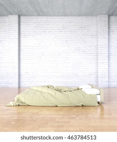 Side view of modern bedroom interior with blank brick wall and wooden floor. Mock up, 3D Rendering