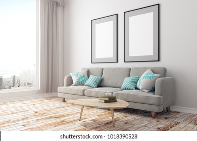 Side View Of Modern Concrete Living Room Interior With Furniture, City View And Blank Poster On Wall. Mock Up, 3D Rendering 