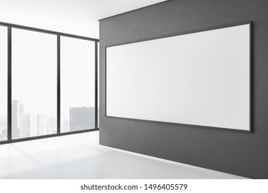 Side view of modern gallery with city view and empty poster on concrete wall. Museum concept. Mock up, 3D Rendering  - Shutterstock ID 1496405579