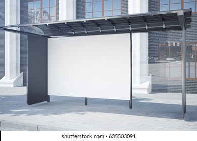 Side View Of Modern Glass Bus Stop With Empty Poster. Advertisement Concept. Mock Up, 3D Rendering