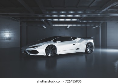 Side View Of Modern White Sportscar Inside Grunge Garage. Race Concept. 3D Rendering 