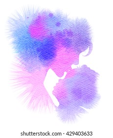 Side View Of Mother Kissing Her Baby. Double Exposure Illustration. Mother And Baby Silhouette Plus Abstract Water Color Painted. Digital Art Painting.