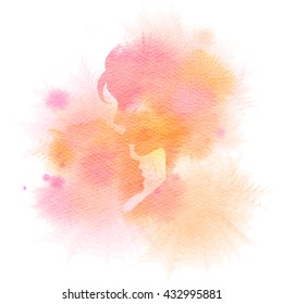 Side View Of Mother Kissing Her Baby. Double Exposure Illustration. Mother And Baby Silhouette Plus Abstract Water Color Painted. Digital Art Painting.