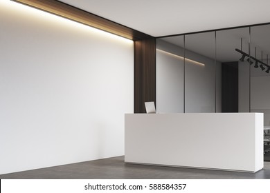 Side View Of A New Office Lobby With Wooden Decoration Elements, White And Elegant Reception Counter, An Office With Glass Walls, Clean And Bright. 3d Rendering. Mock Up.