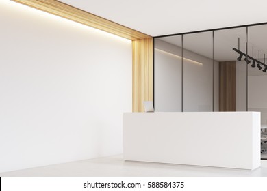 Side View Of A New Office Lobby With Wooden Decoration Elements, Elegant White Reception Counter, An Office With Glass Walls, Clean And Bright. 3d Rendering. Mock Up.