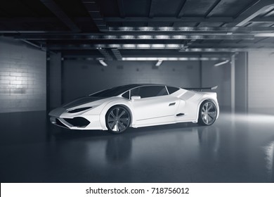 Side View Of New White Sportscar Inside Grunge Garage. Race Concept. 3D Rendering 