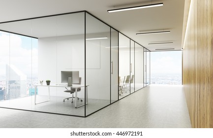 Side view of office interior with blank whiteboard behind glass doors, hallway with concrete floor, wooden wall, ceiling and panoramic windows with New York city view. Mock up, 3D Rendering