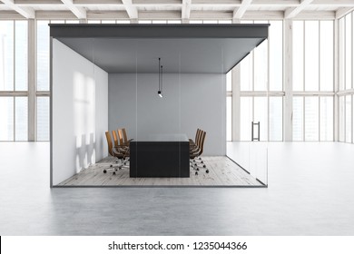 Side View Of Office Meeting Room With White And Glass Walls, Concrete Floor, Long Black Table With Brown Chairs As Seen From Office Lobby. 3d Rendering