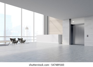 Side view of an office waiting area with a reception desk, two armchairs and a table. A steel elevator door is in the right part of the image. 3d rendering. Mock up.