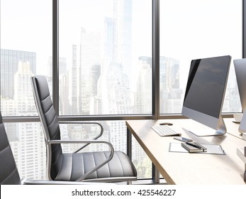 Side View Of Office Workplace With Blank Computer Screen And New York City View. Mock Up, 3D Rendering