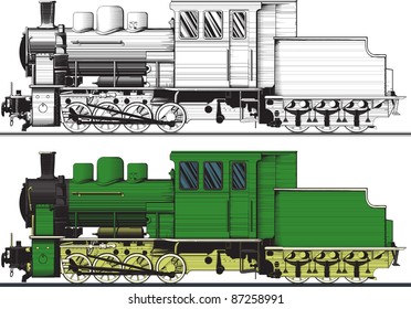 side view of a old train painted in a sketch. Under a black variant white backing for easy isolation. Raster Version