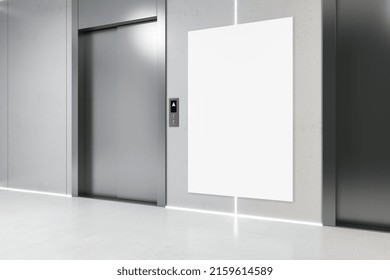 Side View On Blank White Poster With Copyspace For Your Text On Grey Wall Near Elevator In Industrial Interior Design Office Hall. 3D Rendering, Mockup