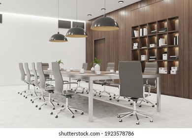 Side view on conference table in stylish meeting room with wooden wall, marble floor and leather chairs. 3D rendering