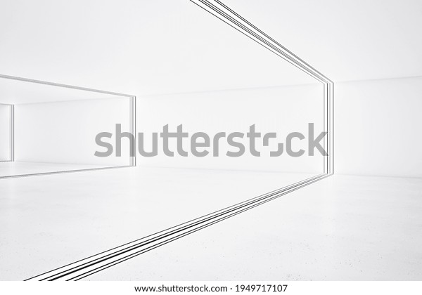 Side view on light interior design\
in empty hall room divided by frames. 3D rendering, mock\
up
