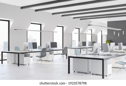 Side View On Modern Open Space Office With Comfortable Workplaces, Computers, Marble Floor And Light Interior Design. 3D Rendering