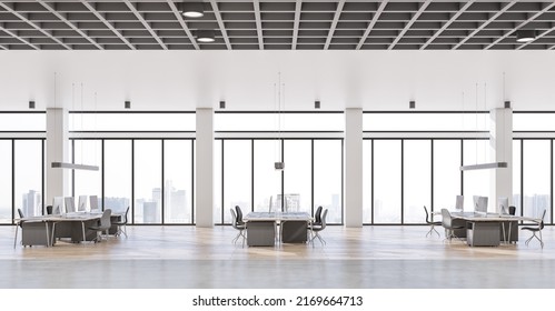 Side View On Modern Workplaces With Dark Chair And Wooden Tables On Light Glossy Floor And City View From Panoramic Windows In Stylish Open Space Office. 3D Rendering