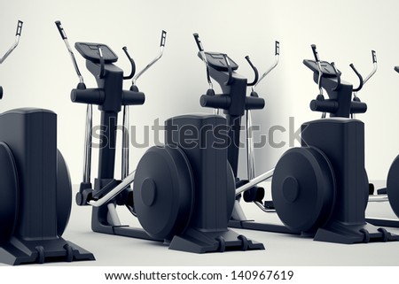 Side view on a row of isolated crosstrainers on a white background. Perfect for any fitness, training or athletic related purposes.