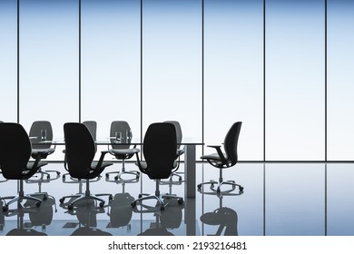 Side View On Stylish Conference Table Surrounded By Dark Chairs In Empty Spacious Office With Mat Walls And Glossy Floor With Reflection. 3D Rendering