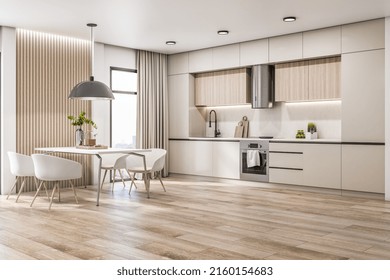 Side View On Stylish, Sunny Kitchen Area With Modern White Kitchen Set And Furniture, Stylish Lamp From Top, Wooden Floor And City View From Window. 3D Rendering