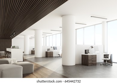 Side view of an open office interior with a bar table, laptops standing on it, dark wooden ceiling and floor and a wall with sticky notes. 3d rendering