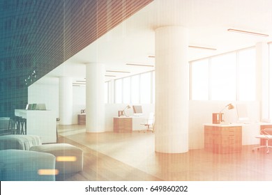 Side view of an open office interior with a bar table, laptops standing on it, dark wooden ceiling and floor and a wall with sticky notes. 3d rendering, toned image