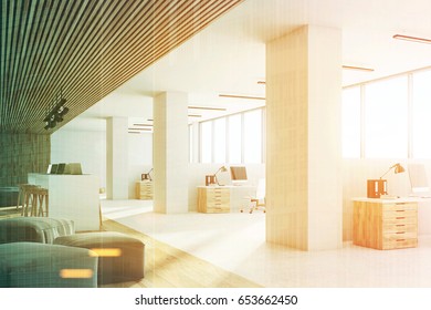 Side view of an open office interior with a bar table, laptops standing on it, light wooden ceiling and floor and a wall with sticky notes. 3d rendering, toned image