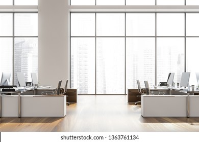 Side View Of Open Space Office With White Walls, Wooden Floor, Large Windows With Cityscape And Black Computer Tables With Metal Chairs. 3d Rendering