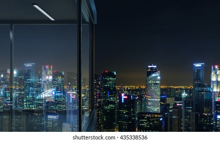 Side View Of Panoramic Balcony Design With Illuminated Singapore City View At Night. 3D Rendering