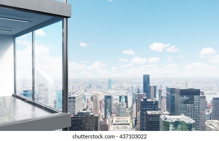 Side View Of Panoramic Balcony With New York City View. 3D Rendering